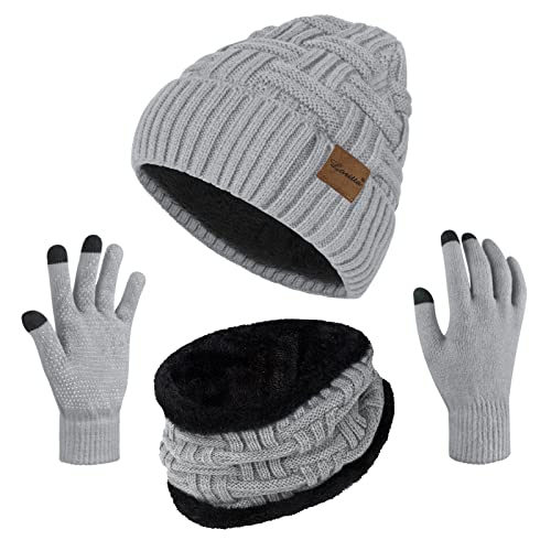 Loritta 3-Pieces Winter Hats for Women Warm Scarf Touchscreen Gloves - color: Grey