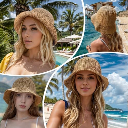 Floppy Big Beach Straw Hats for Women Foldable Summer Wide Brim Packable Sun Hat Womens Travel Straw Fedora Hat - color: Khaki-5