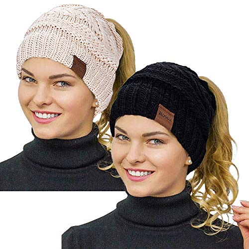 Rosoz 2 Pack Ponytail Beanie for Women,Winter Warm Beanie Tail Soft Stretch Cable Knit Messy High Bun Hat - color: 2pack-black/Beige