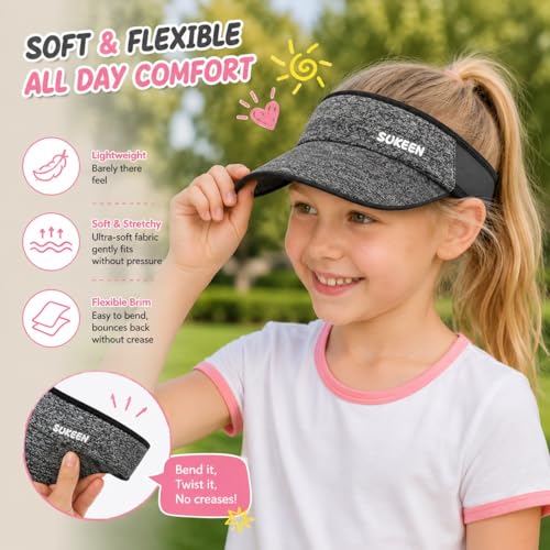 Sukeen Kids Sun Visor Hat for Girls Boys UPF50+ Lightweight Cooling Stretchable Packable Sun Hat - color: Black and Grey