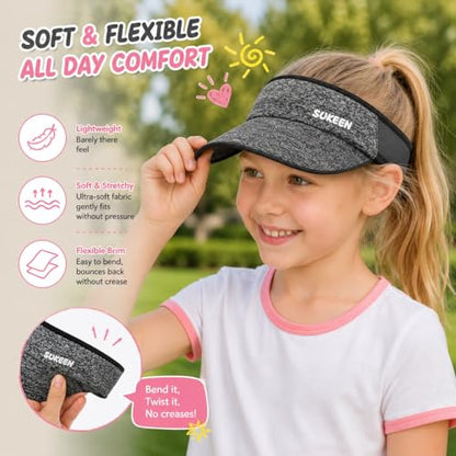 Sukeen Kids Sun Visor Hat for Girls Boys UPF50+ Lightweight Cooling Stretchable Packable Sun Hat - color: Black and Grey