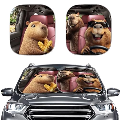Renewold Car Windshield Sun Shade Auto Front Window Sunshade Keep Vehicle Cool Sun Visor Shield for Most SUV Van Sedan Trucks Summer Blocks Sunlight Heat Car Accessories Funny Capybara Animal Driving - color: Funny Capybara Animal Driving Corn