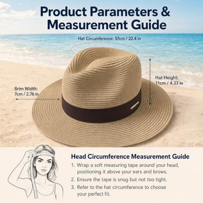 Straw Panama Hat for Men Women, Beach Sun Fedora Hat - color: Khaki-brown