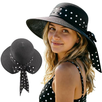 DRESHOW Sun Hats for Women Travel Fedora Foldable Beach Sun Hat Summer Wide Brim Straw Bucket Hat with Bowknot UPF 50+ - color: 1 Pack Bowknot Straw Hat: Black (Black Polka Dot Band)