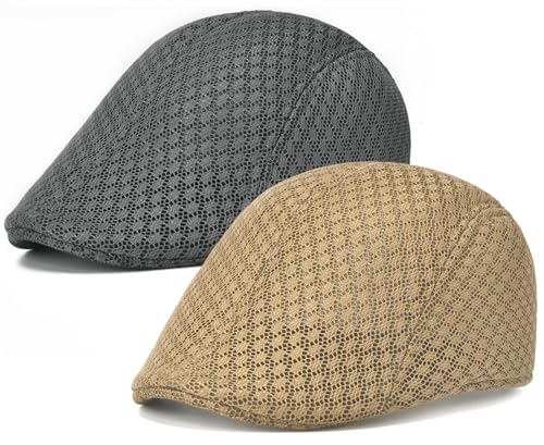 2 Pack Teenagers' Mesh Cap Breathable Summer Newsboy Hat Adjustable Beret Ivy Cap Irish Riding Hiking Hats - color: Dark Gray/Dark Khaki