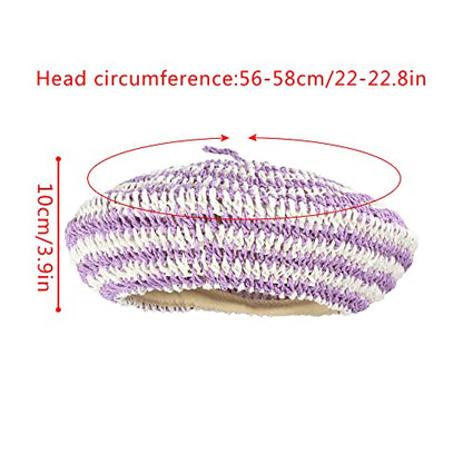 Women Summer Straw Woven Sunhat Classic Beret Artist Painter Sun Hat Cap - color: Stripes Purple