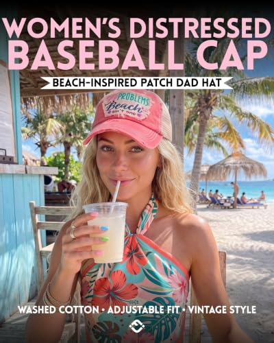 Funky Junque Distressed Baseball Cap, Vintage Embroidered Dad Hat - color: 99 Problems But a Beach Ain't One - Coral