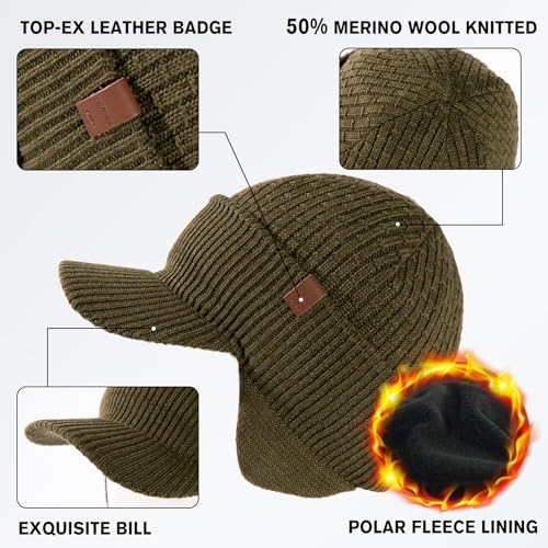 TOP-EX DryKnit™ 50% Merino Wool Waterproof Warm Brim Beanie with Ear Flaps - color: Green (Waterproof), size: Small-Medium