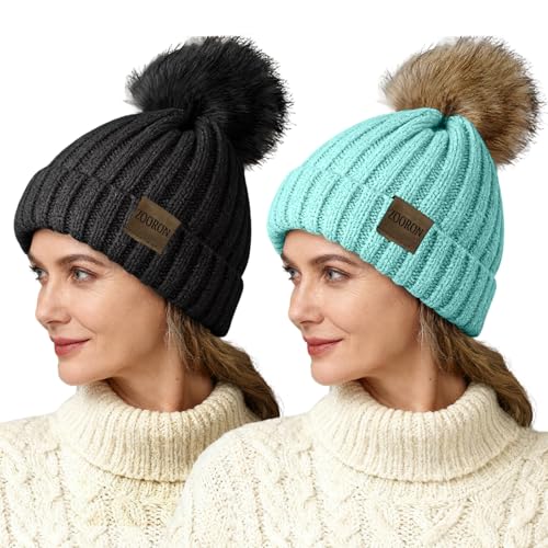 ZOORON Beanies for Womens Winter Knitted Beanies Hats with Faux Fur Pom Warm Knit Skull Cap - color: 2pack-black+lake Blue