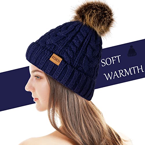 REDESS Women Winter Pompom Beanie Hat with Warm Fleece Lined Thick Slouchy Snow Knit Hat Skull Ski Cap - color: Navy