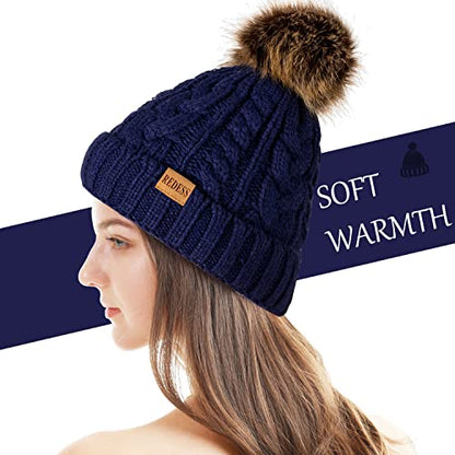 REDESS Women Winter Pompom Beanie Hat with Warm Fleece Lined Thick Slouchy Snow Knit Hat Skull Ski Cap - color: Navy