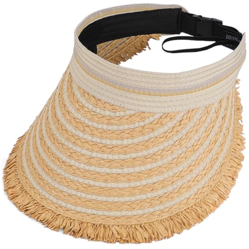 Straw Sun Visor Summer UV Protection Packable Wide Brim Beach Hat Ponytail Women - color: A-beige
