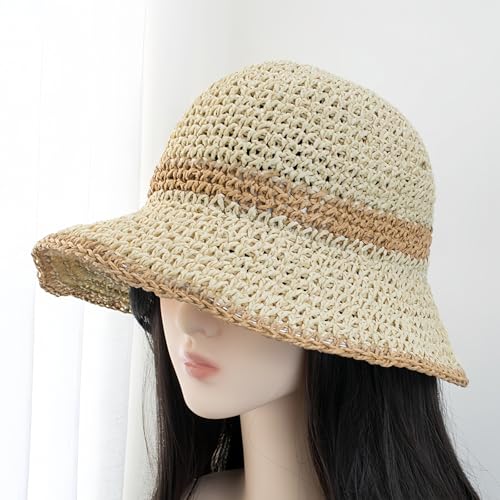 Floppy Big Beach Straw Hats for Women Foldable Summer Wide Brim Packable Sun Hat Womens Travel Straw Fedora Hat - color: Beige-khaki