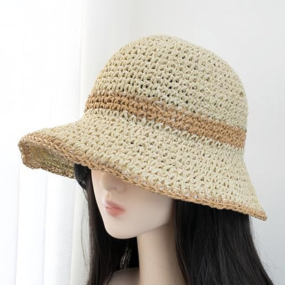 Floppy Big Beach Straw Hats for Women Foldable Summer Wide Brim Packable Sun Hat Womens Travel Straw Fedora Hat - color: Beige-khaki