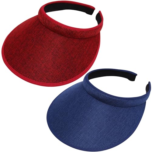 2 Pack Wide Brim Sun Visor Hats Women Men Large Clip-on Visors Hat UV Protection Outdoors Sports Golf Beach Cap - color: Wine Red+navy
