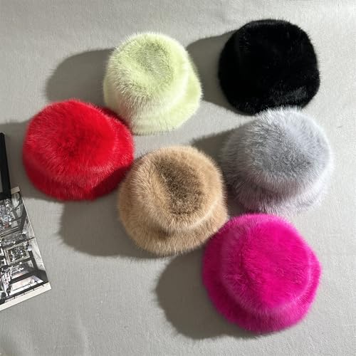Women's Oversized Faux Fur Bucket Hat, Fluffy Plush Winter Hat, Solid Color - color: Black