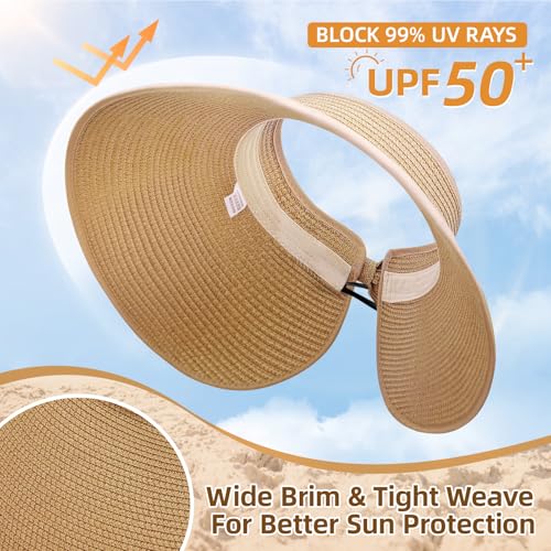 Sun Hats for Women Wide Brim Straw Sun Visors Ponytail Hat - color: Khaki