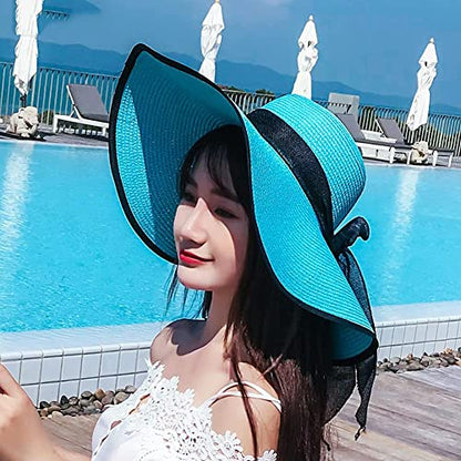 FSIGOM Women's Folable Floppy Hat,Wide Brim Sun Protection Straw Hat, Summer UV Protection Beach Cap - color: C1-e-blue, size: Medium