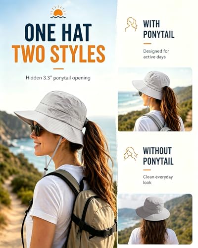 Womens Ponytail Sun Hat UPF50+ Waterproof Bucket Hat Packable Beach Hat - color: Griege