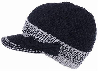 BYOS Womens Winter Chic Cable Warm Fleece Lined Crochet Knit Hat W/Visor Newsboy Cabbie Cap - color: Black Bow