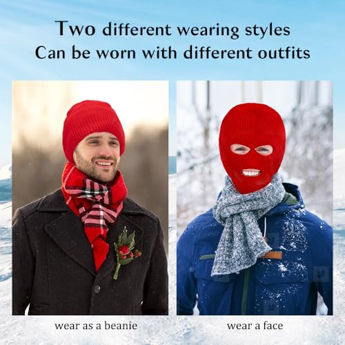 3 Hole Ski Mask, Knitted Balaclava Face Mask, Winter Full Face Mask Cover for Winter Outdoor Sports - color: Red