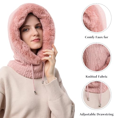 HUAMULAN Women Cable Knit Balaclavas Winter Fleece Lined Beanie Hat - color: Pink