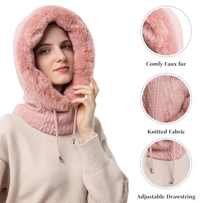 HUAMULAN Women Cable Knit Balaclavas Winter Fleece Lined Beanie Hat - color: Pink