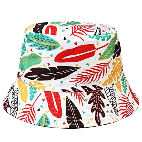 Falari Reversible Bucket Hat for Men Women Summer Travel Beach Outdoor Fishing Hat 100% Cotton - color: J895-white-leaf