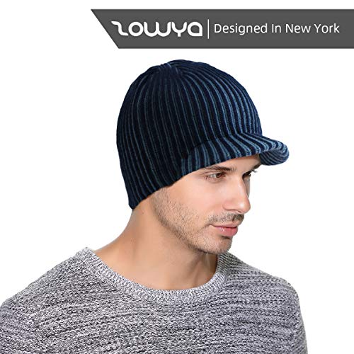 zowya Winter Visor Beanie Hat for Men & Women Brim Knit Skully Hats Billed Skull Cap Thick Vintage Contrast Color,1Hat - color: Navy