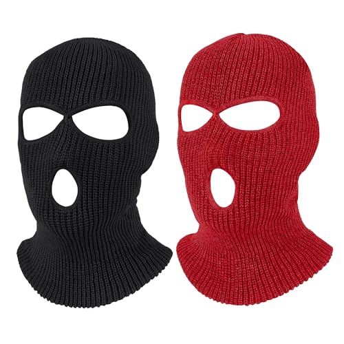 Pukavt 2 Pack 3 Hole Winter Knitted Mask, Ski Mask Balaclava Cap - color: Black/Red