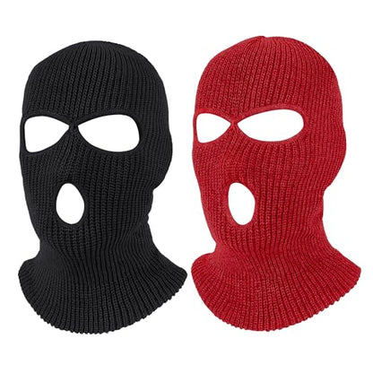 Pukavt 2 Pack 3 Hole Winter Knitted Mask, Ski Mask Balaclava Cap - color: Black/Red