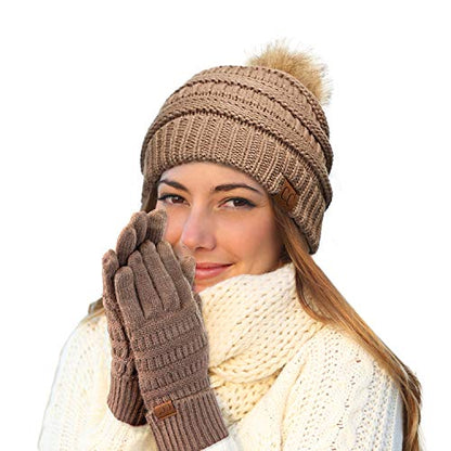 C.C Hatsandscarf Exclusives Unisex Solid Ribbed Beanie with Pom (HAT-43) - color: A Gift Set-taupe
