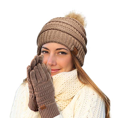 C.C Hatsandscarf Exclusives Unisex Solid Ribbed Beanie with Pom (HAT-43) - color: A Gift Set-taupe
