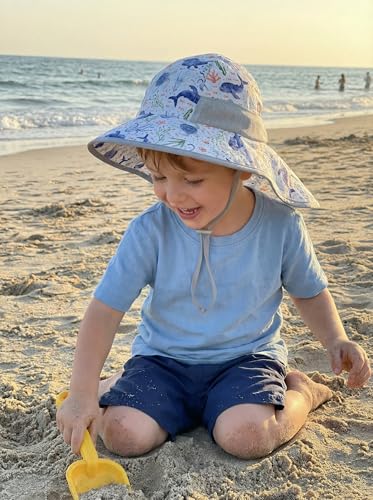 icolor Kids Sun Hat UPF50+ Sun Protection Bucket Hat Toddler Summer Beach Play Hats with Neck Flap for Girl Boy Ages 3~10 - color: Deep Sea Creature