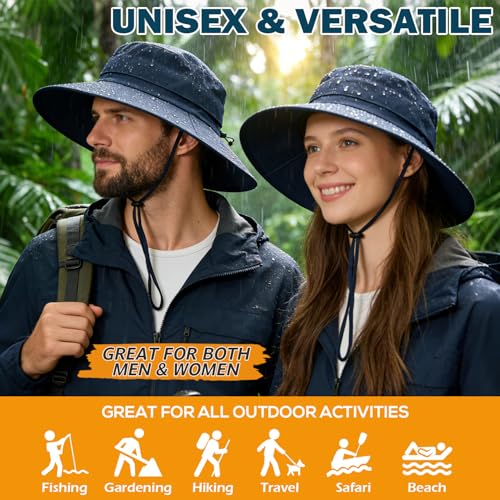 Men's UPF 50+ Waterproof Wide Brim Boonie Hat, Sun & Rain Protection - color: Navy Blue