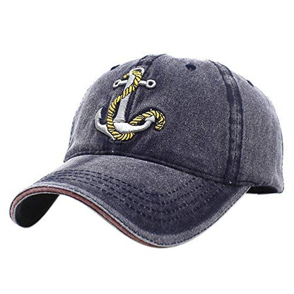 Anchor Embroidered Cotton Washed Dad Hat Distressed Retro Baseball Hat - color: Navy