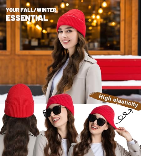 Seamless Beanie Hat for Men Women Wool Fisherman Beanies Winter Hats - color: Red