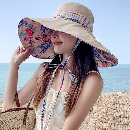 6" Extra Wide Brim Sun Hats UPF 50+ UV Protection Packable Beach Hat Strap Women - color: Khaki