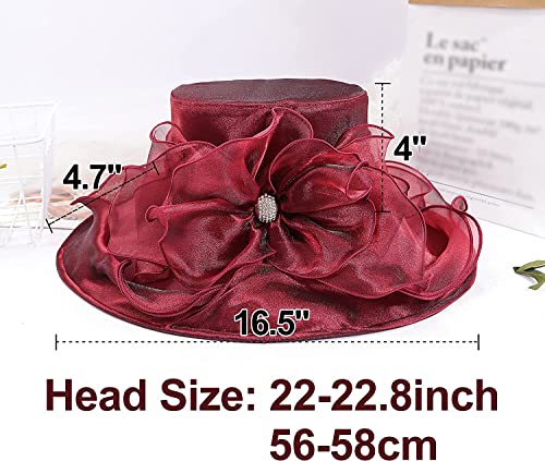 Women's Kentucky Derby Church Dress Hat Wide Brim Leaf Flower Bridal Shower Hat - color: J1-burgundy