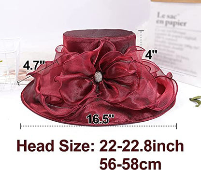 Women's Kentucky Derby Church Dress Hat Wide Brim Leaf Flower Bridal Shower Hat - color: J1-burgundy