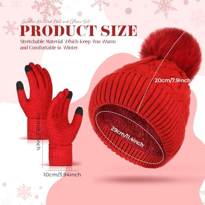 Womens Winter Fleece Lined Knitted Beanie Hat Glove Set, Warm Pom Pom Beanie Knit Cap Touchscreen Gloves for Women - color: Wine Red
