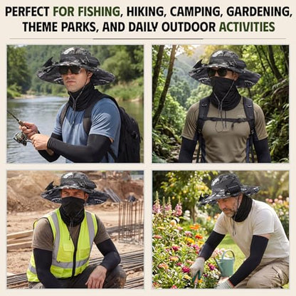Syhood Solar Powered Fan Hat Neck Gaiter Arm Sleeves Sun Bucket Hat with Fan Cooling Wide Brim Hats for Fishing Hiking - color: Camouflage7, style: Breathable