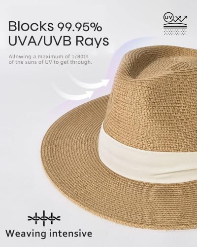 FURTALK Womens Mens Wide Brim Straw Panama Hat Fedora Summer Beach Sun Hat - color: Khaki-beige, size: Large-X-Large