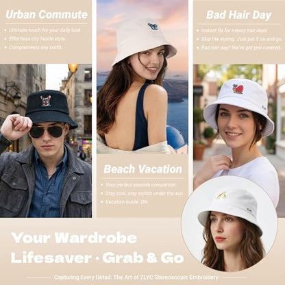 ZLYC Cotton Bucket Hat for Women Men Embroidered Packable Summer Sun Cap - color: Butterfly Khaki