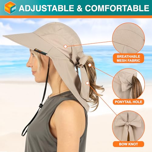 SUN CUBE Wide Brim Sun Hat with Neck Flap for Men Women, UPF50+ Fishing - color: Tan With Bow