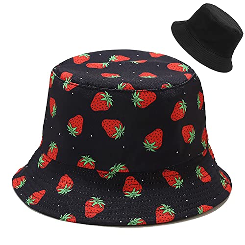 Unisex Bucket Hat Beach Sun Hat Aesthetic Fishing Hat for Men Women Teens, Reversible Double-Side-Wear - color: Strawberry Black