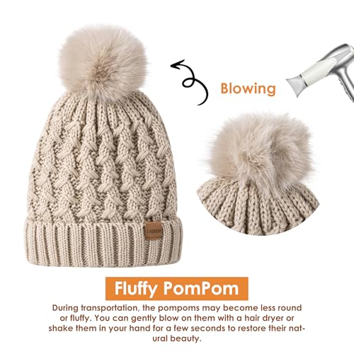 Women Winter Beanie Hat Gloves Set Pom Hat with Warm Fleece Lined Touchscreen Gloves for Cold Weather - color: Beige