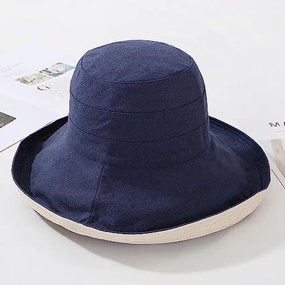 Women Wide Brim Sun Hats Metal Wired Edge Summer UV Protection Beach Fishing Hat for Hiking Garden Travel Chin Strap - color: Lant001-navy, size: One Size