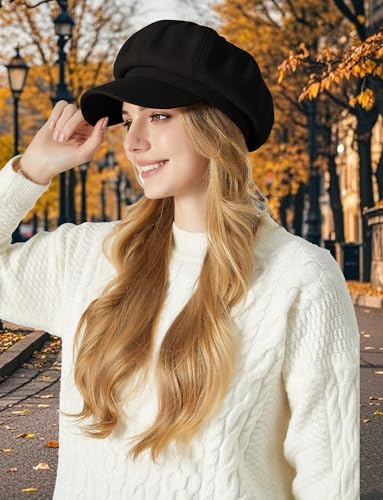FEOYA Women Newsboy Hat Plaid Cabbie Caps Cotton Casual Stylish Beret Cap Paperboy Hats - color: Solid-black
