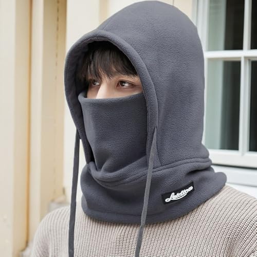 Winter Fleece Ski Mask for Men Women Balaclava Face Mask Windproof Thermal Hood Winter Full Face Neck Cover Warmer - color: Dark Grey White Logo